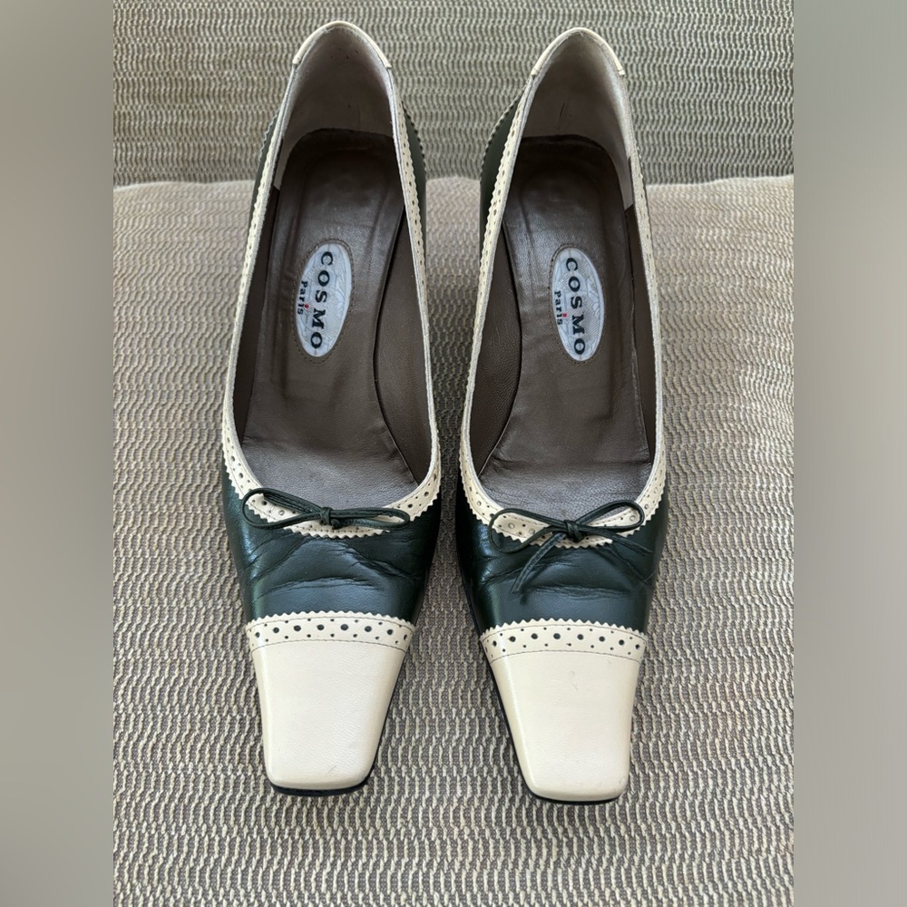 Forest Green and Cream Leather Shoes Made in Italy EU38.5